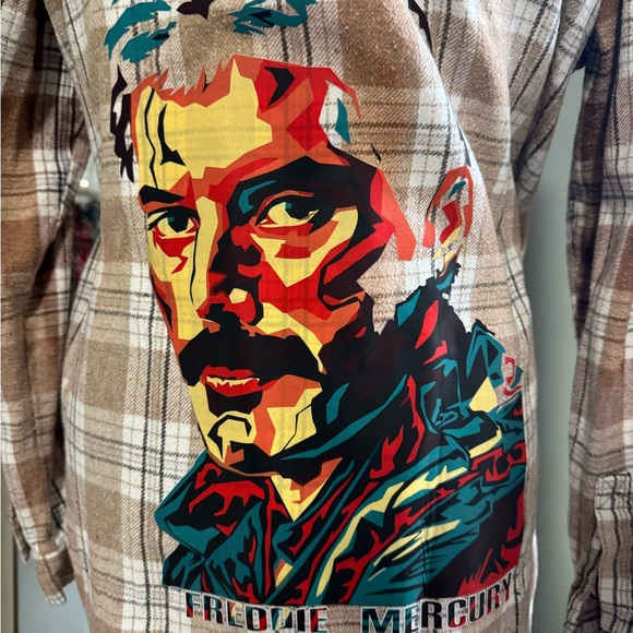 Tops - Freddy Mercury Brown Plaid Flannel bleached Shirt with Colorful Graphic Xl